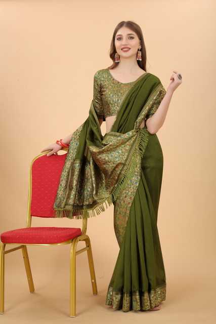 SVB Vichitra Silk Women Jacquard Saree With Un-Stitched Blouse (Olive Green) (SVB-12)