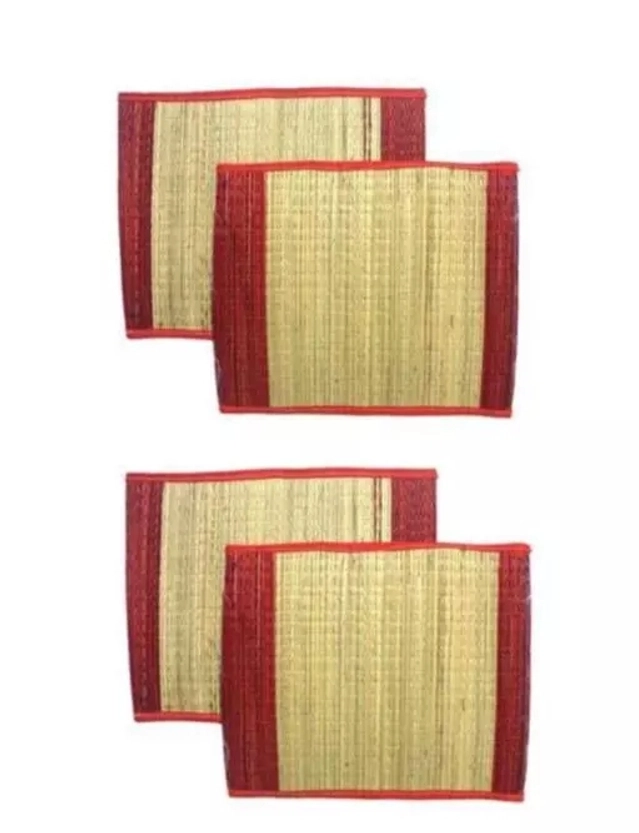 Original Natural Grass Pooja Mats (Brown & Red, Pack of 4)