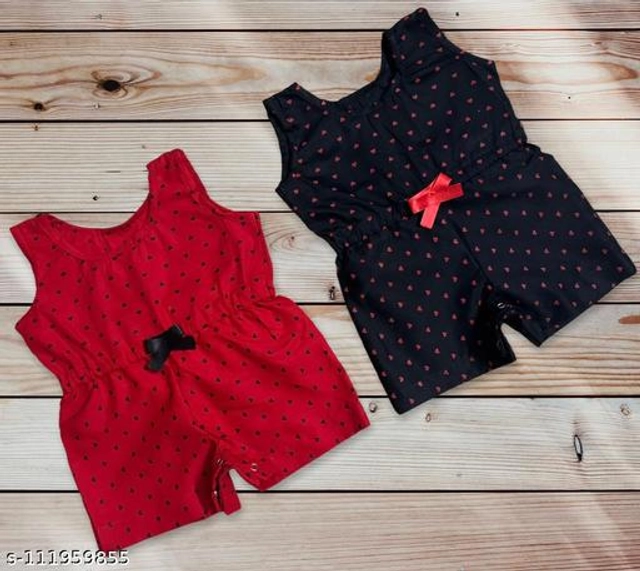 Cotton Jumpsuit for Girls (Red & Black, 6-9 Months) (Pack of 2)