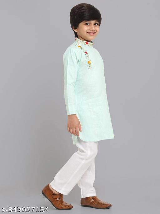 Cotton Blend Kurta with Pyjama for Boys (Green & White, 12-18 Months)