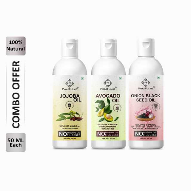 Puriflame Pure Jojoba Oil (50 ml), Avocado Oil (50 ml) & Onion Black Seed Oil ( 50 ml) Combo for Rapid Hair Growth (Pack Of 3) (B-11394)