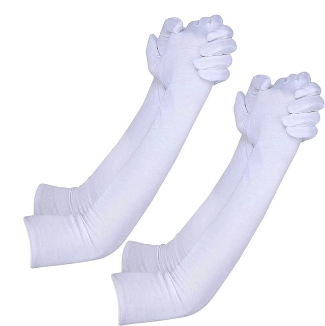 Cotton Solid Full Hand Gloves for Men & Women (White, Set of 2)