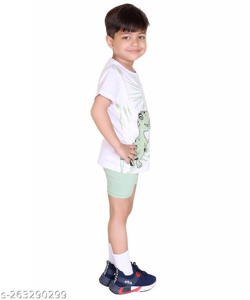 Cotton Printed Clothing Set for Boys (White & Sea Green, 6-9 Months)