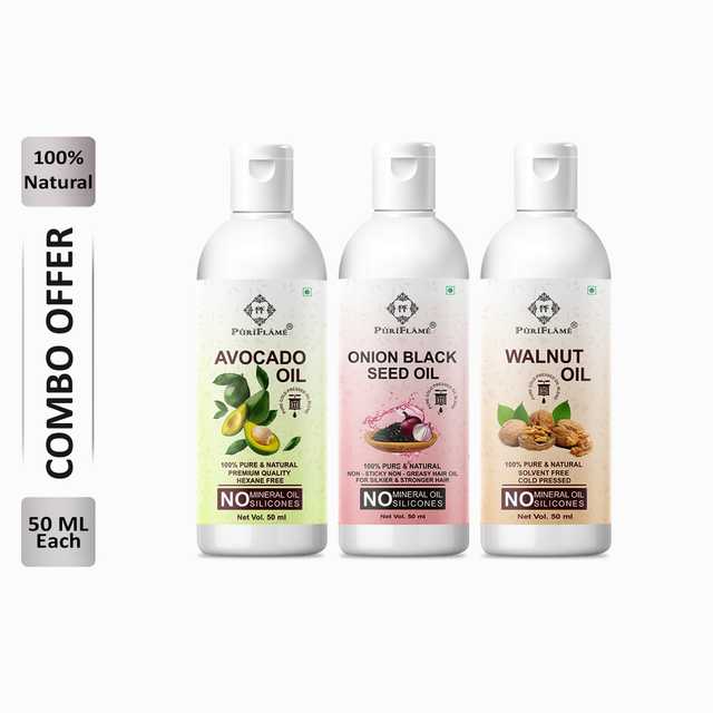 Puriflame Pure Avocado Oil (50 ml), Onion Black Seed Oil (50 ml) & Walnut Oil (50 ml) Combo for Rapid Hair Growth (Pack Of 3) (B-9137)