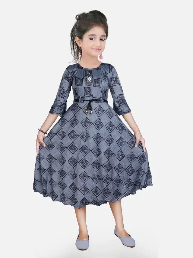 Three Quarter Sleeves Gown for Girls (Grey, 8-9 Years)