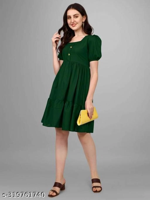 Crepe Solid Dress for Women (Green, S)