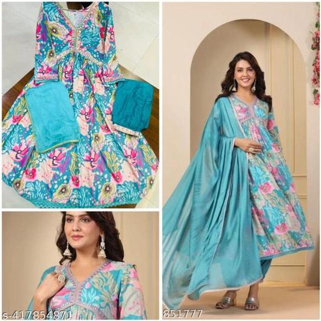 Rayon Printed Anarkali Kurti with Pant & Dupatta for Women (Sky Blue, m)