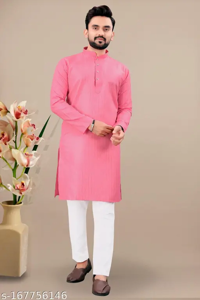 Cotton Blend Striped Kurta with Pyjama for Men (Pink & White, S)