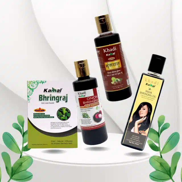 Khadi Kamal Herbal Bhringraj Powder with Oil, Onion Bhringraj Shampoo & Maha Bhringraj Oil (Pack of 4)