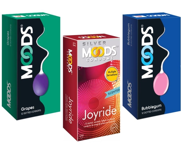 Moods Bubblegum with Grapes & Joy Ride 12 Pcs Dotted Condoms for Men (Set of 3)