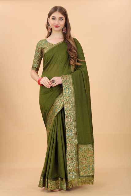 SVB Vichitra Silk Women Jacquard Saree With Un-Stitched Blouse (Olive Green) (SVB-12)