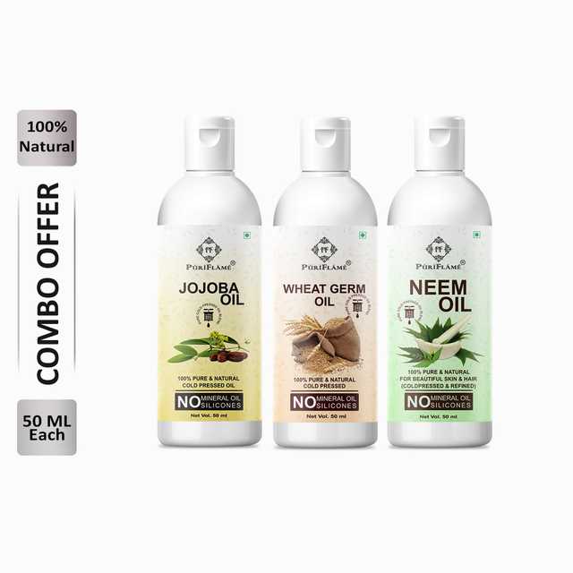 Puriflame Pure Jojoba Oil (50 ml), Wheat Germ Oil (50 ml) & Neem Oil (50 ml) Combo for Rapid Hair Growth (Pack Of 3) (B-11665)