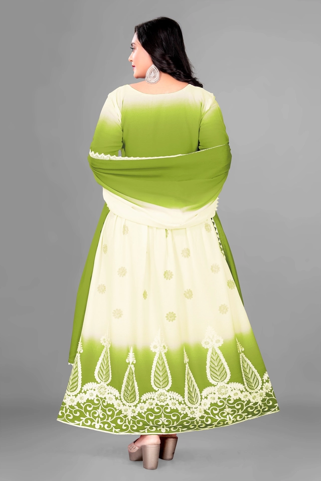 Jute Silk Ethnic Motif Gown with Dupatta for Women (Green & White, S)