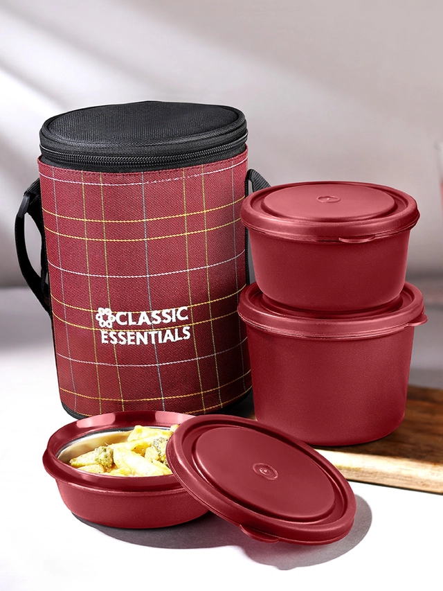 Stainless Steel Microwave Safe Insulated Leak Proof 3 Containers Lunch Box Set (Maroon, Set of 1)