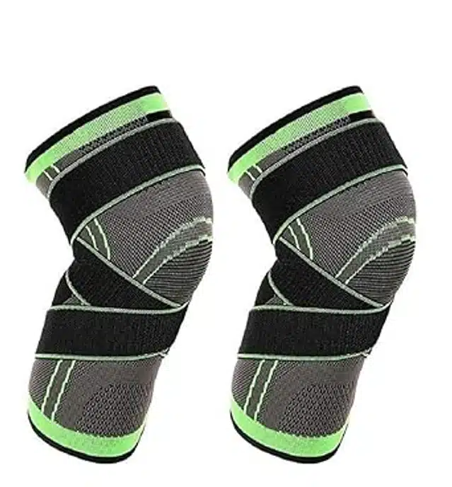 Cotton Elastic Knee Support Sleeves for Men & Women (Green & Black, Pack of 2)