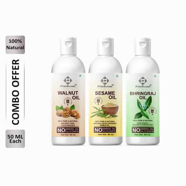Puriflame Pure Walnut Oil (50 ml), Sesame Oil (50 ml) & Bhringraj Oil (50 ml) Combo for Rapid Hair Growth (Pack Of 3) (B-14088)