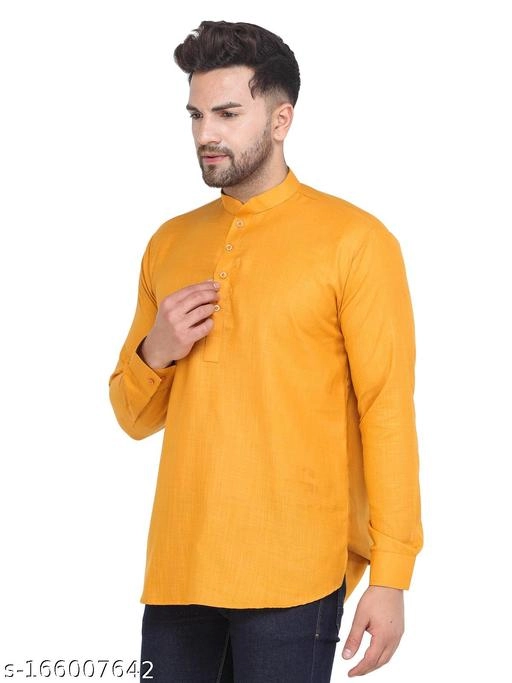 Cotton Blend Solid Short Kurta for Men (Mustard, S)