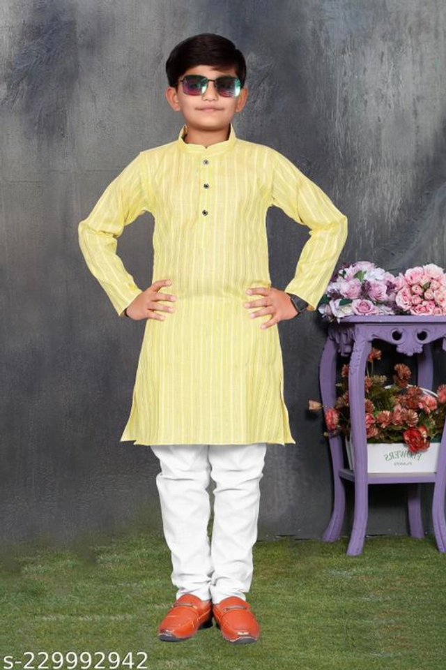 Cotton Kurta Sets for Boys (2-3 Years, Yellow & White)