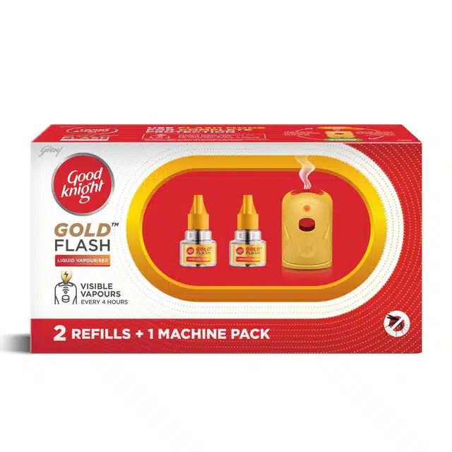 Good Knight Gold Flash Liquid Vapourizer - Mosquito Repellent Combo Pack - Machine + 2 Refills (45 ml Each)