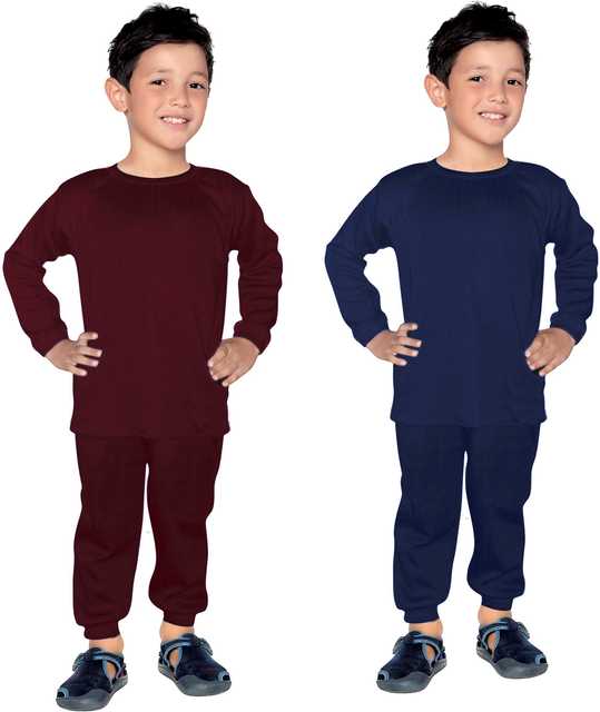 Solid Kids Boy'sThermal Top & Bottom Set (Set of 2) (Brown & Blue, 11-12 Years) (FE-6)