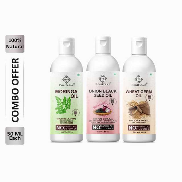 Puriflame Pure Moringa Oil (50 ml), Onion Black Seed Oil (50 ml) & Wheat Germ Oil (50 ml) Combo for Rapid Hair Growth (Pack of 3) (B-11892)