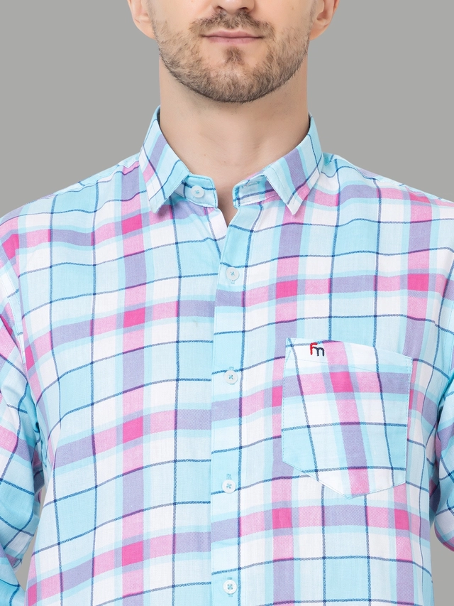 Full Sleeves Checkered Shirt for Men (Blue, M)