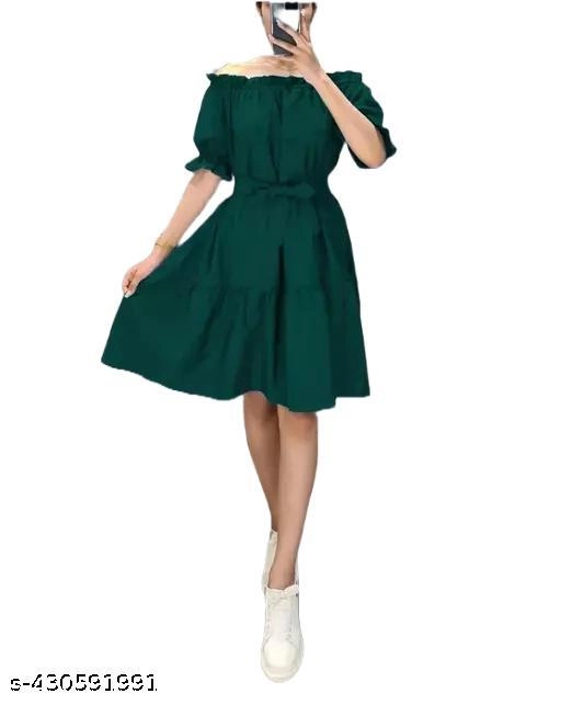 Crepe Solid Dress for Women (Green, S)