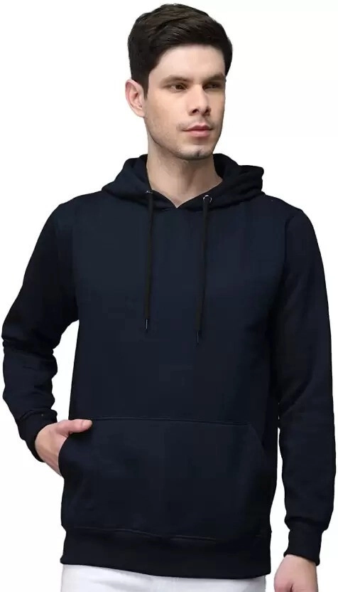 Cotton Blend Solid Hoodie for Men (Blue, M)