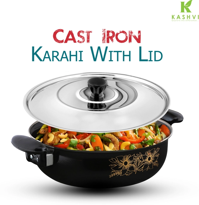 Cast Iron Kadai with Lid (Black & Silver, 28 cm)