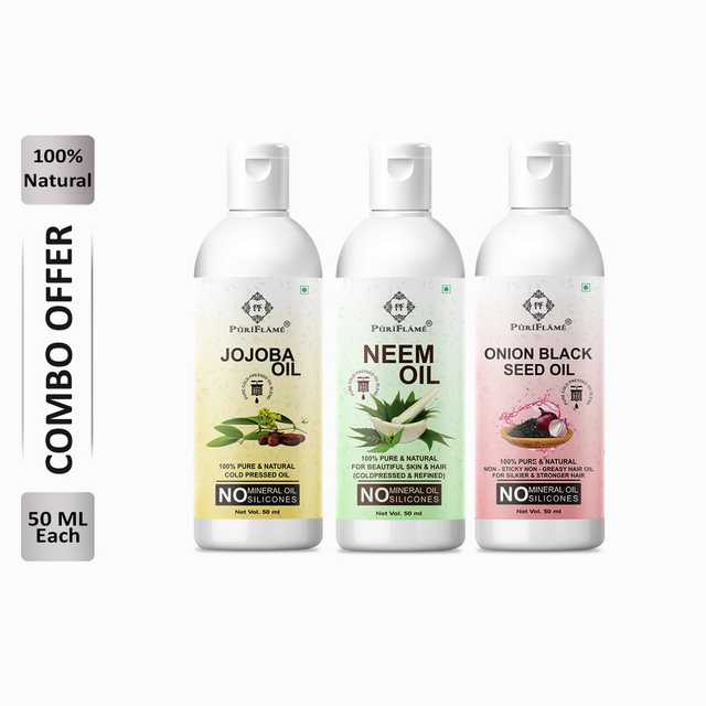 Puriflame Pure Jojoba Oil (50 ml), Neem Oil (50 ml) & Onion Black Seed Oil (50 ml) Combo for Rapid Hair Growth (Pack Of 3) (B-11547)