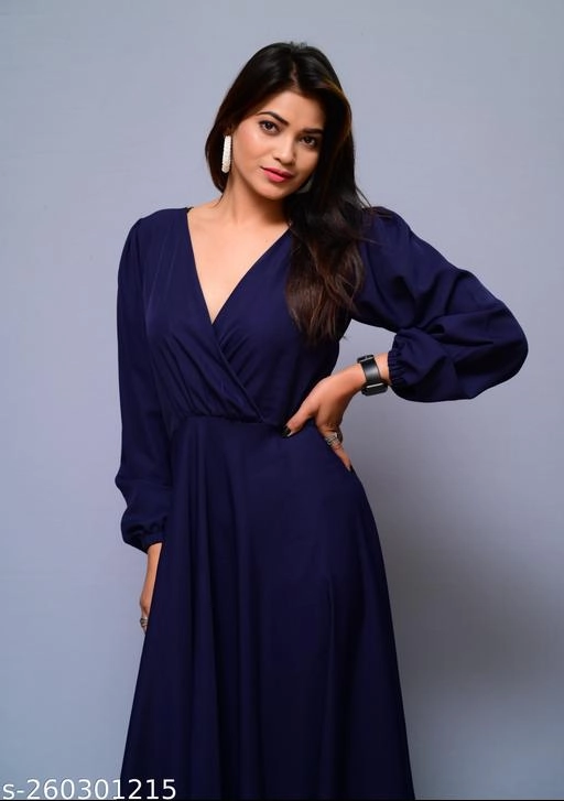 Crepe Solid Gown for Women (Navy Blue, XS)