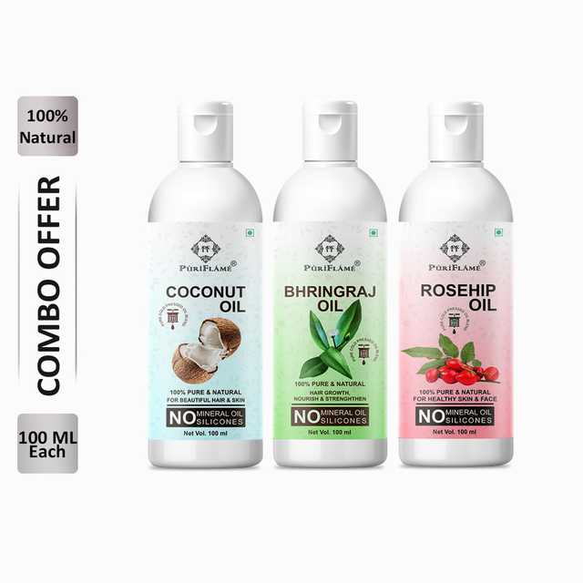 PuriFlame Pure Coconut Oil (100 ml) & Bhringraj Oil (100 ml) & Rosehip Oil (100 ml) Combo For Rapid Hair Growth (Pack Of 3) (B-3705)