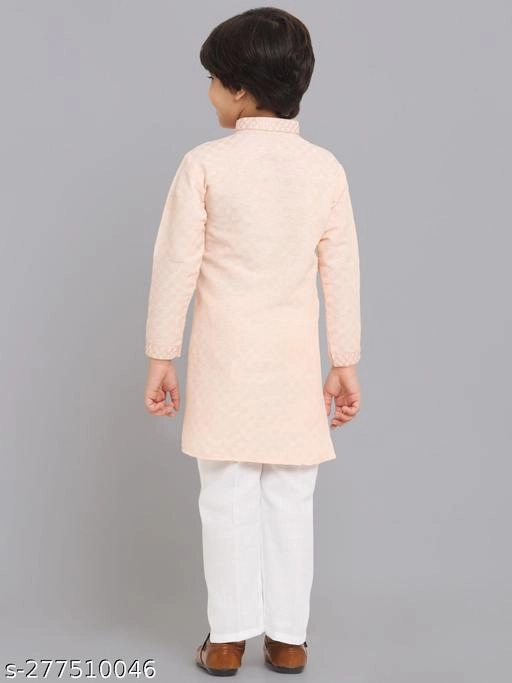 Cotton Blend Kurta with Pyjama for Boys (Peach & White, 9-12 Months)