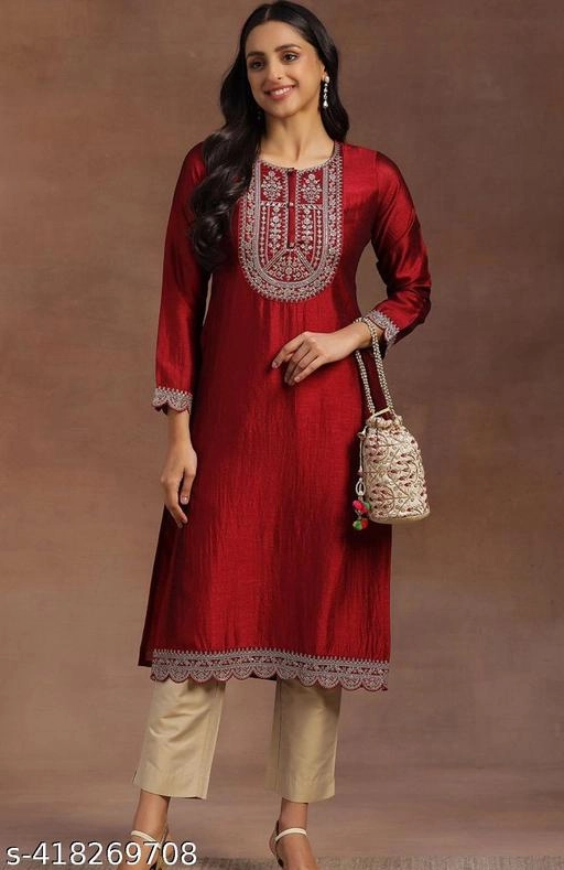 Silk Blend Embroidered Kurti for Women (Maroon, XS)