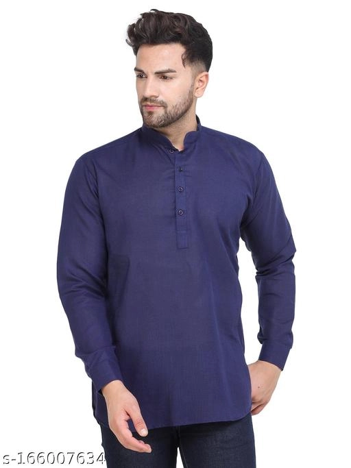 Cotton Blend Solid Short Kurta for Men (Navy Blue, S)