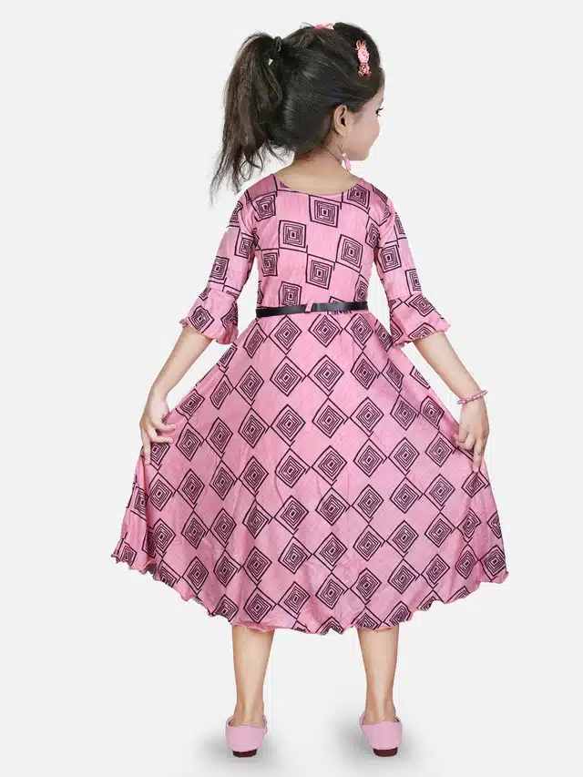 Three Quarter Sleeves Gown for Girls (Pink, 10-11 Years)