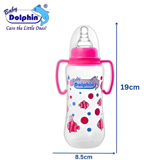 Baby Dolphin Anti-Colic Plastic Feeding Bottle 250ml with Handle | Pack of 1 |Liquid Silicone Nipple | BPA Free & Non-Toxic | Anti-Colic | Baby Feeder | Baby Milk Bottle