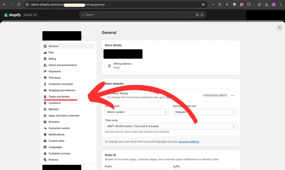 Step 2: On the left side, select 'Taxes and duties.'