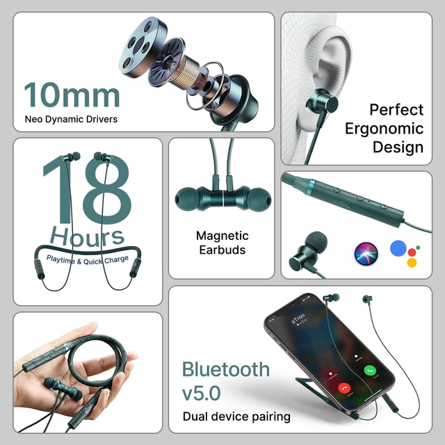 Rechargeable Wireless Bluetooth in-Ear Neckband (Bottle Green)