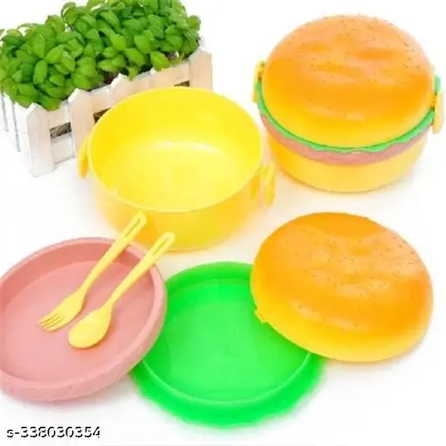 Magic Pluse Lunch Box for Kids Burger Shape School Tiffin Box for Boys & Girls Leak Proof Plastic with Compartments (Pack of 1)
