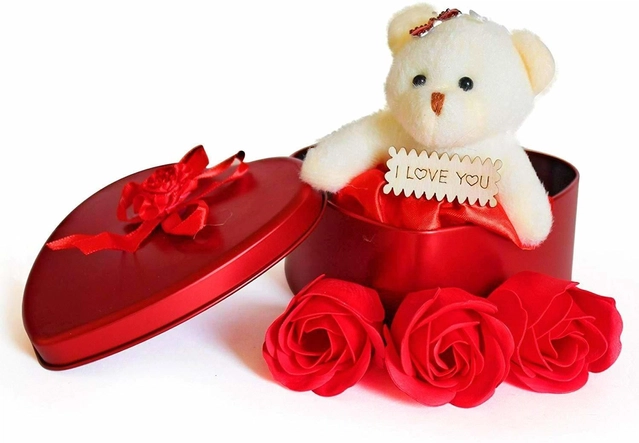 Artificial Roses with Teddy Bear Valentine's Day Gift Box (Multicolor)