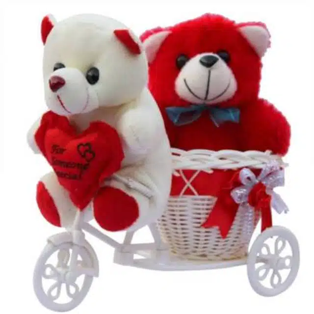 Plastic Rickshaw with 2 Pcs Teddy Bear Valentine Gift (White & Red, Set of 1)