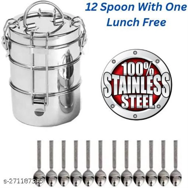 Stainless Steel 3 Layer Lunch Box with 12 Pcs Spoons (Silver, Set of 2)