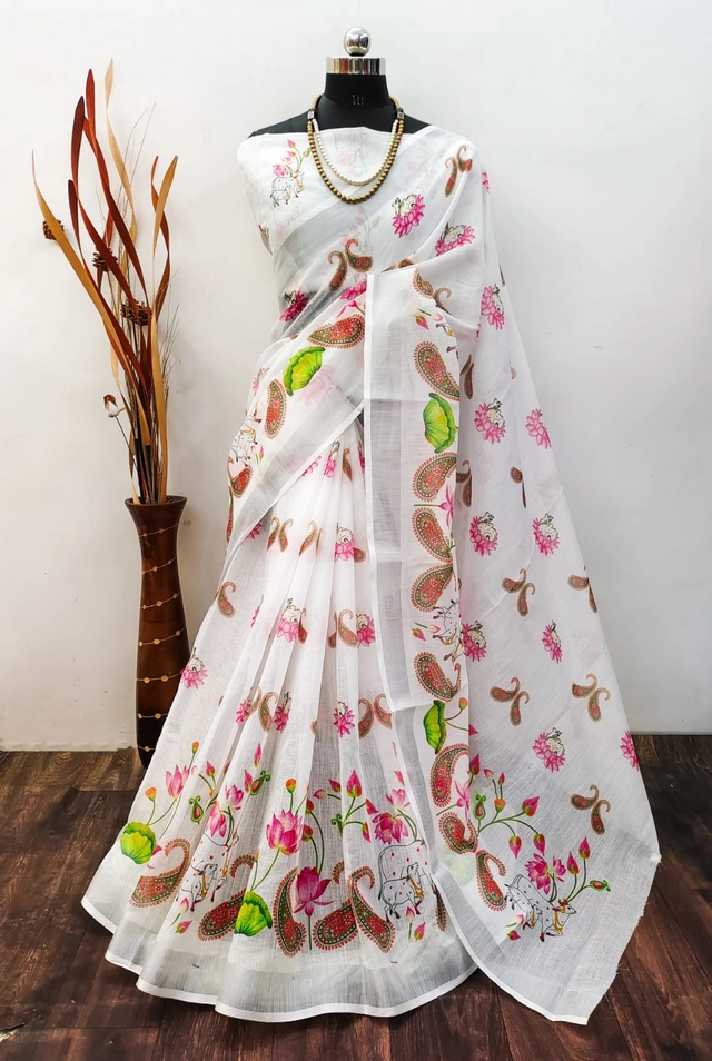 Linen Printed Saree for Women (White, 6.3 m)