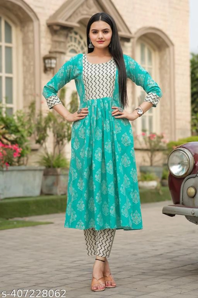 Cotton Linen Printed Kurti with Pant for Women (Sky Blue, S)