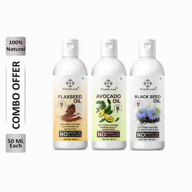 Puriflame Pure Flaxseed Oil (50 ml), Avocado Oil (50 ml) & Black Seed Oil ( 50 ml) Combo for Rapid Hair Growth (Pack Of 3) (B-10467)