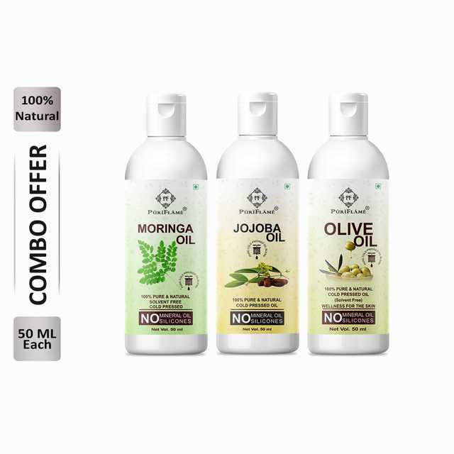 Puriflame Pure Moringa Oil (50 ml), Jojoba Oil (50 ml) & Olive Oil (50 ml) Combo for Rapid Hair Growth (Pack Of 3) (B-11835)