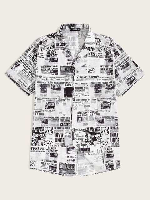 Men's Printed Casual Shirt (White & Black, L) (ASM357)