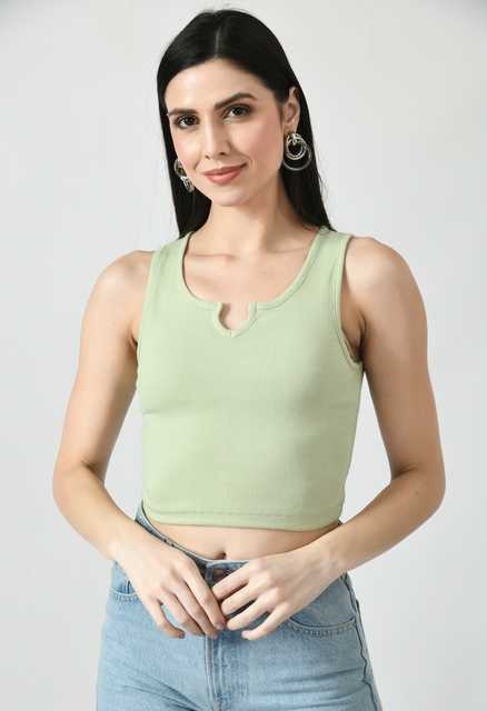 Cold Fusion Solid Ribbed Round Neck Cotton Crop Top For Girls (Pista, L) (K28)