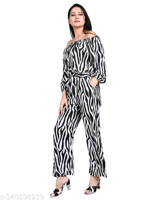 Crepe Printed Jumpsuit for Women & Girls (White & Black, S)